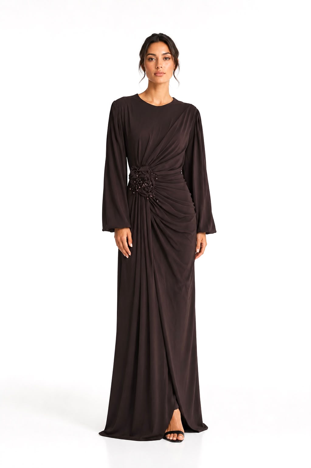 Draped Rosette Chiffon Gown