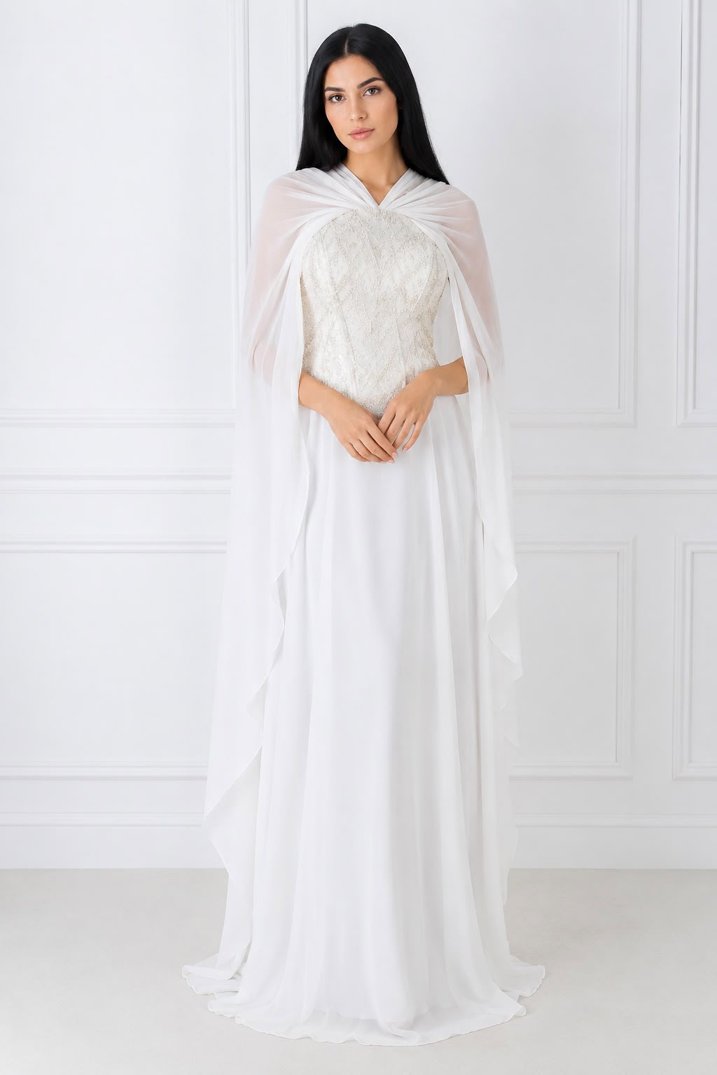White Chiffon Cape Lace Corset Gown