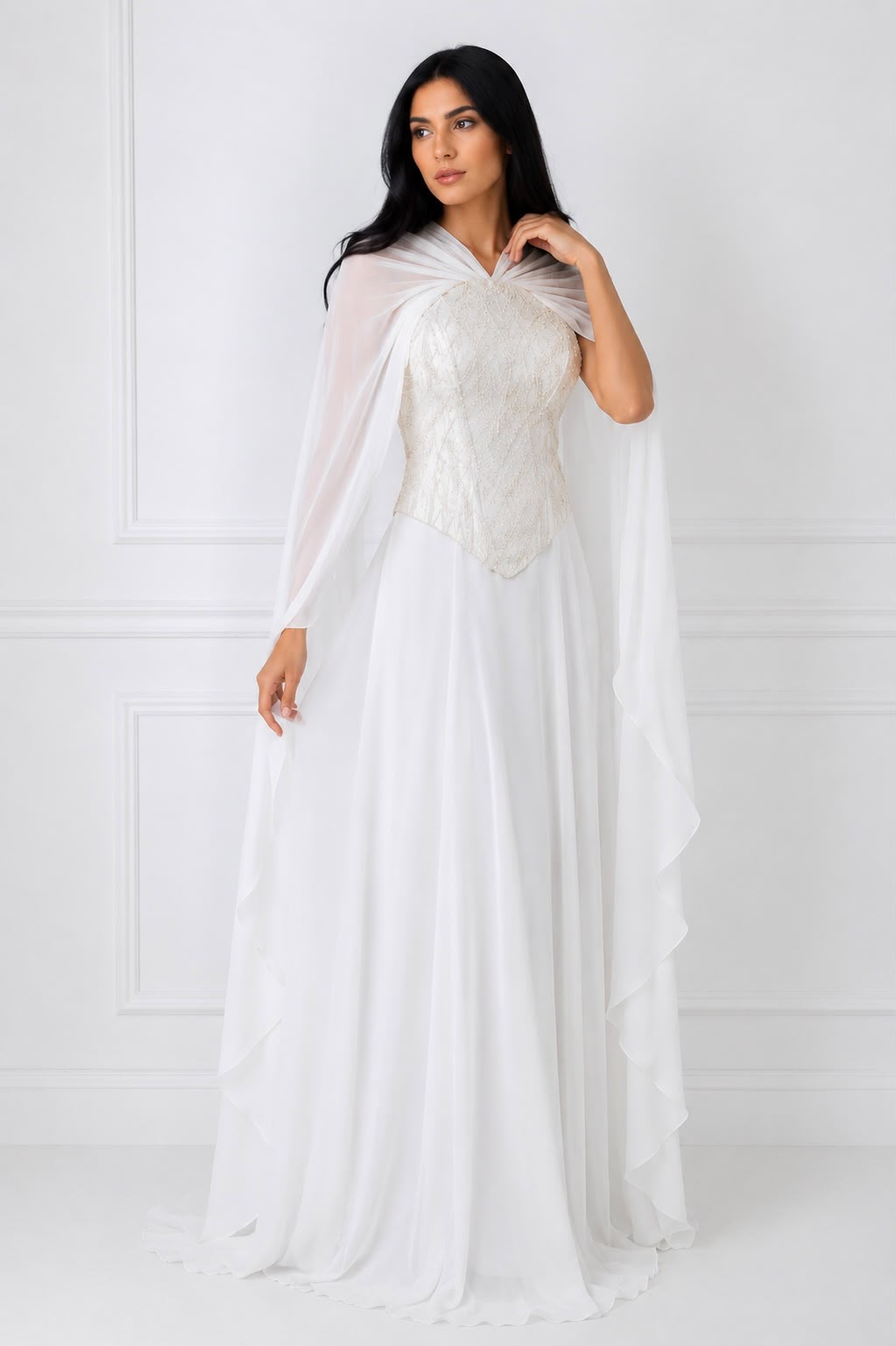 White Chiffon Cape Lace Corset Gown