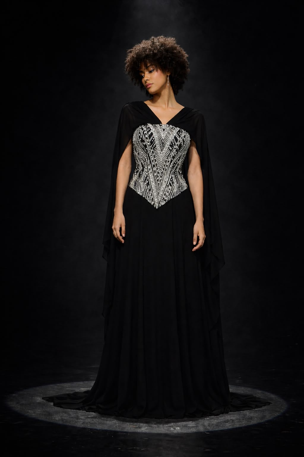 Black Chiffon Cape Silver Crystal Corset Gown