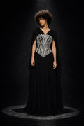 Black Chiffon Cape Silver Crystal Corset Gown