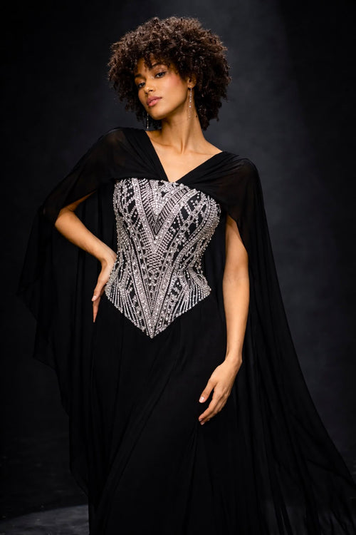 Black Chiffon Cape Silver Crystal Corset Gown