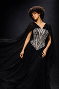 Black Chiffon Cape Silver Crystal Corset Gown