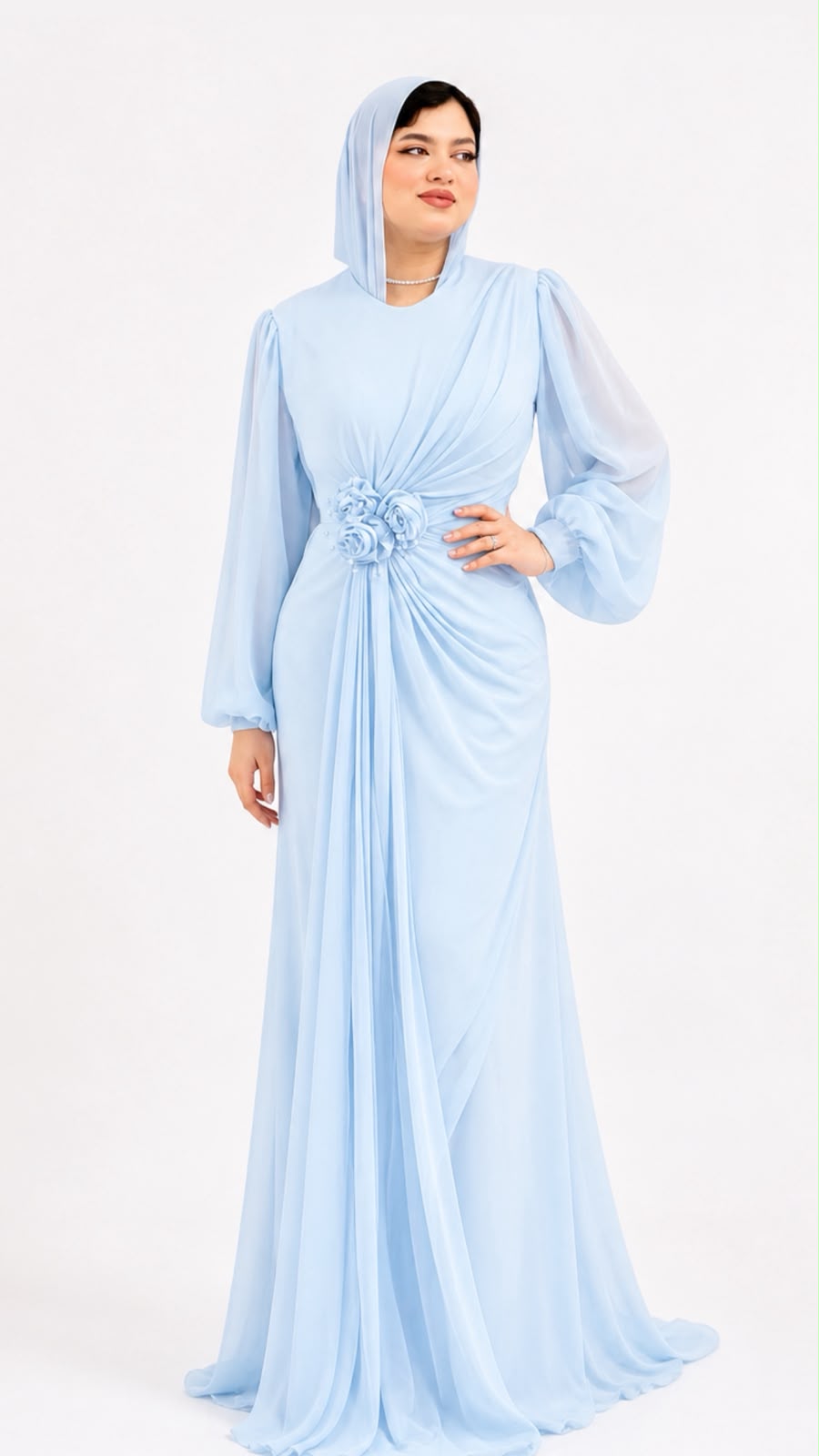 Draped Rosette Chiffon Gown