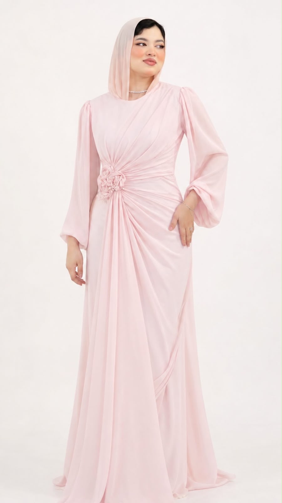 Draped Rosette Chiffon Gown