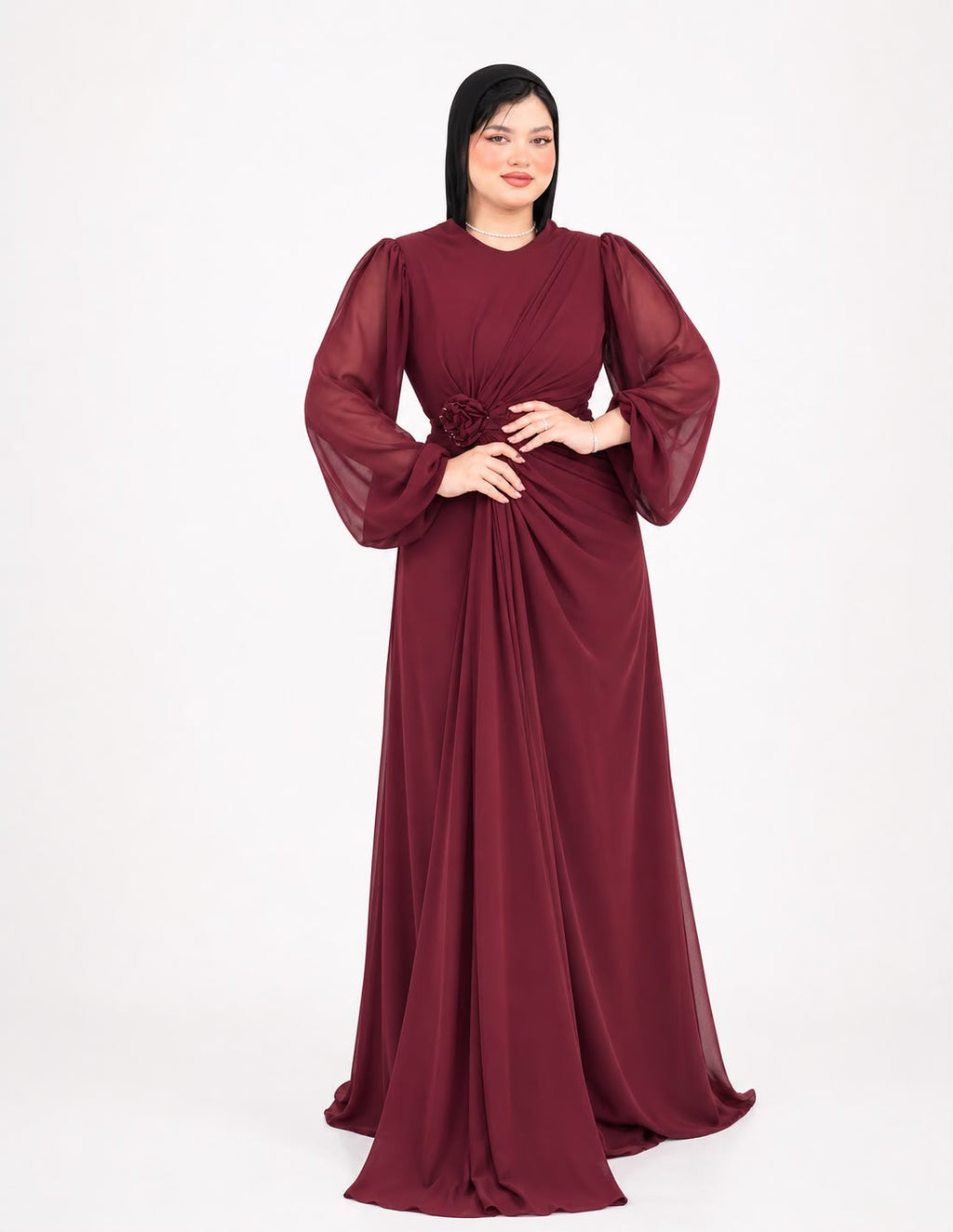 Draped Rosette Chiffon Gown