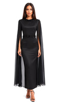 Satin Cape Beaded Neckline Gown
