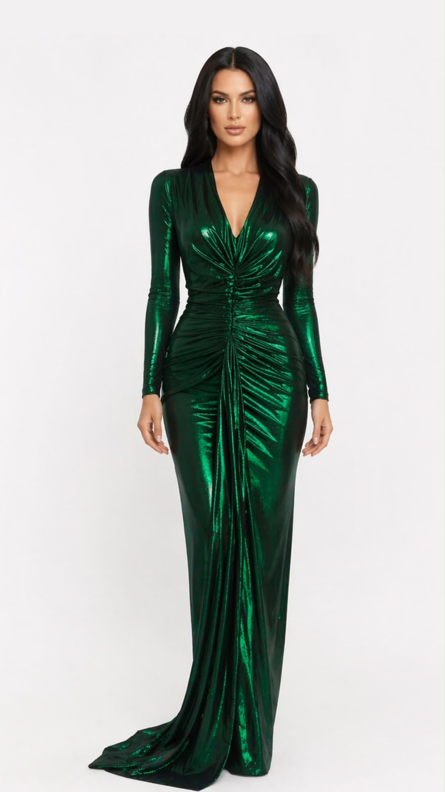 Metallic Ruched V-Neck Gown