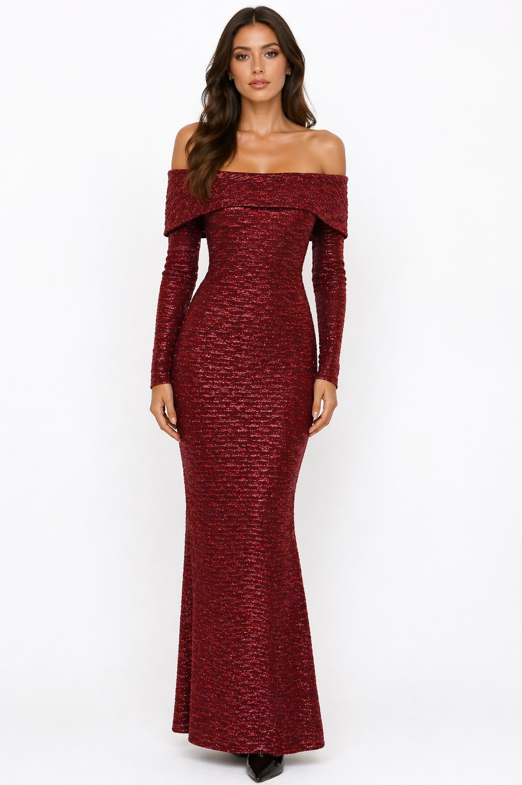 Burgundy Off-Shoulder Sparkle Mermaid Gown