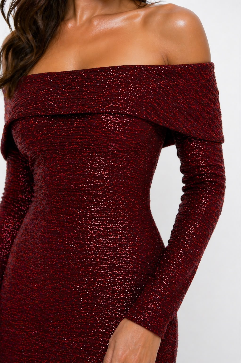 Burgundy Off-Shoulder Sparkle Mermaid Gown