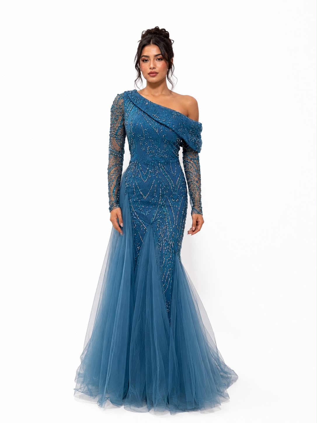 Steel Blue Beaded Tulle Mermaid Gown