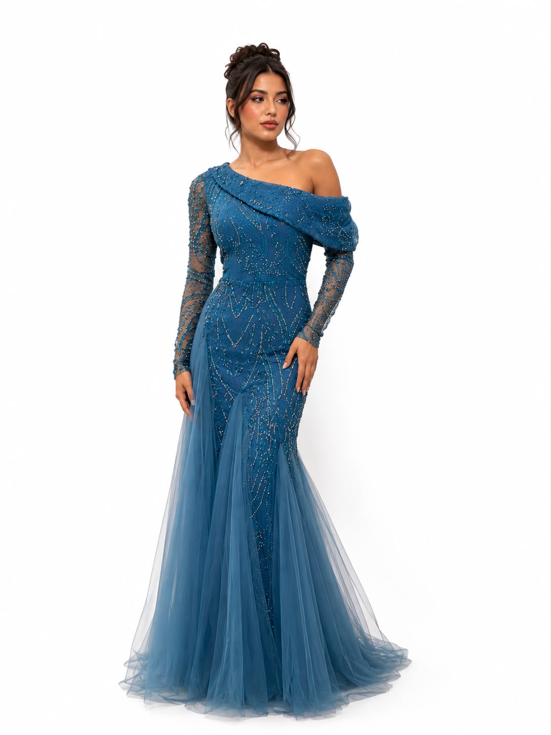 Steel Blue Beaded Tulle Mermaid Gown