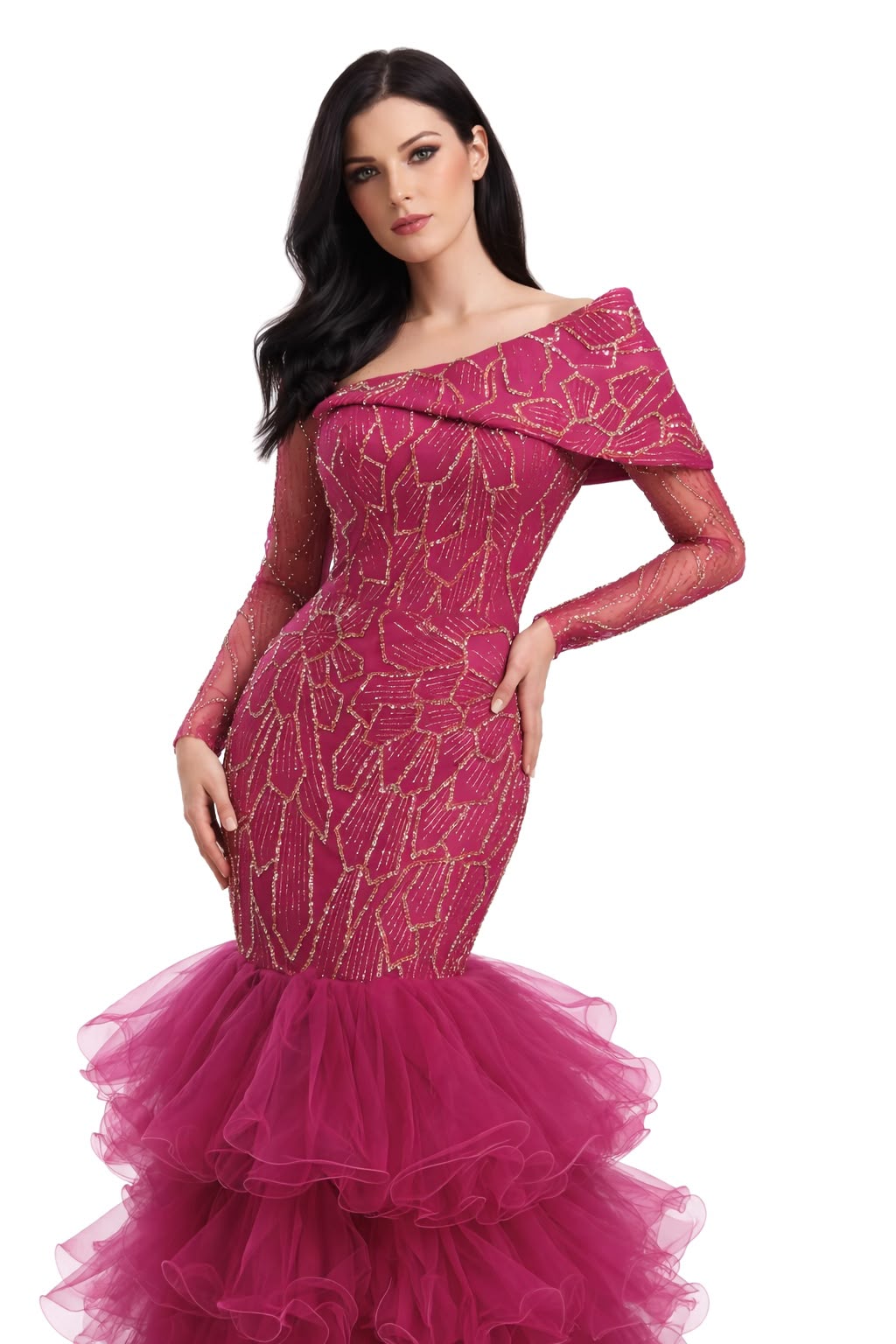 Fuchsia Beaded Ruffled Mermaid Gown