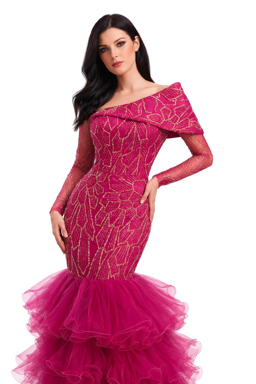 Fuchsia Beaded Ruffled Mermaid Gown