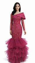 Fuchsia Beaded Ruffled Mermaid Gown