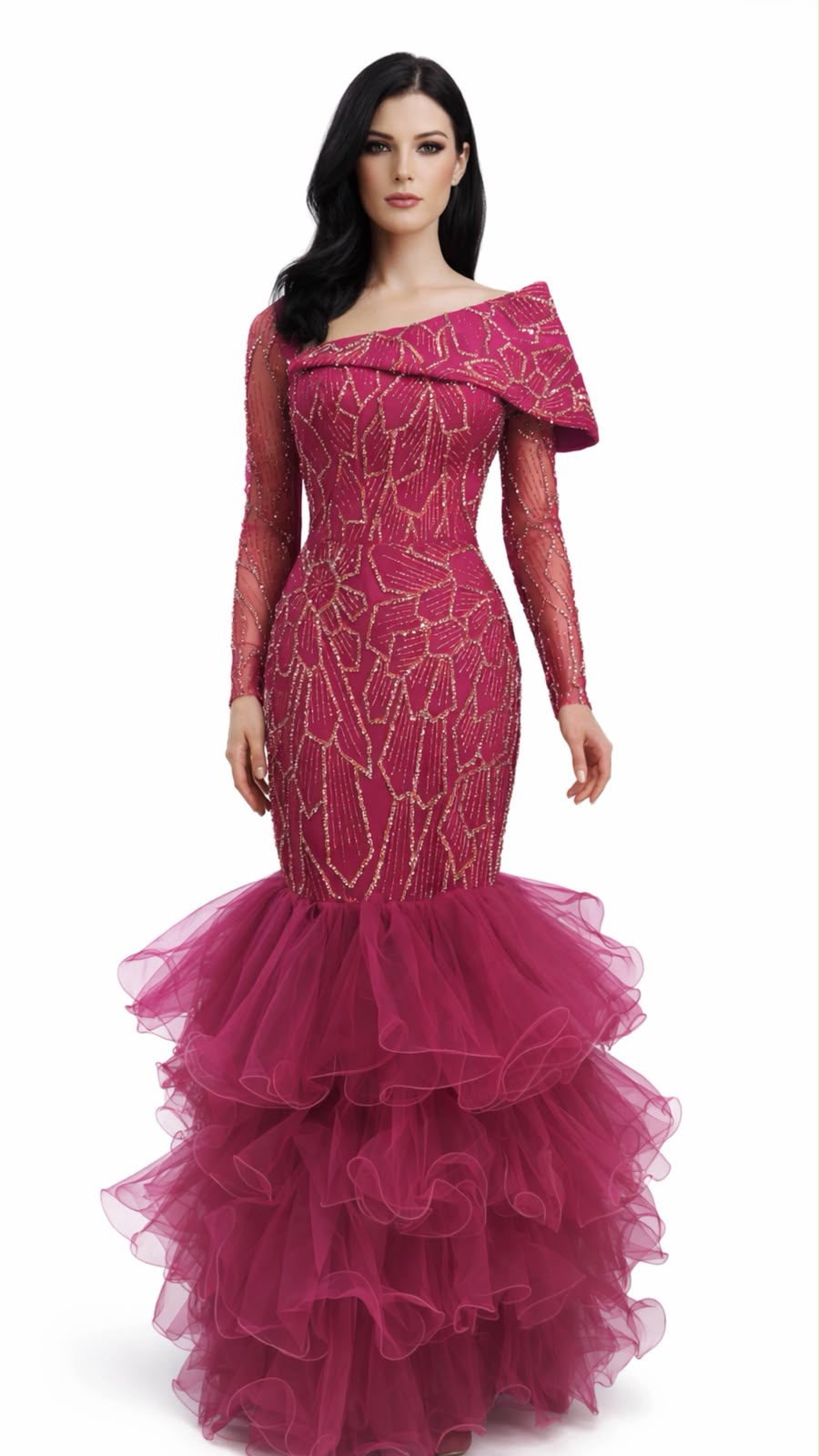 Fuchsia Beaded Ruffled Mermaid Gown