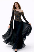 Black & Gold Beaded One-Shoulder Chiffon Gown