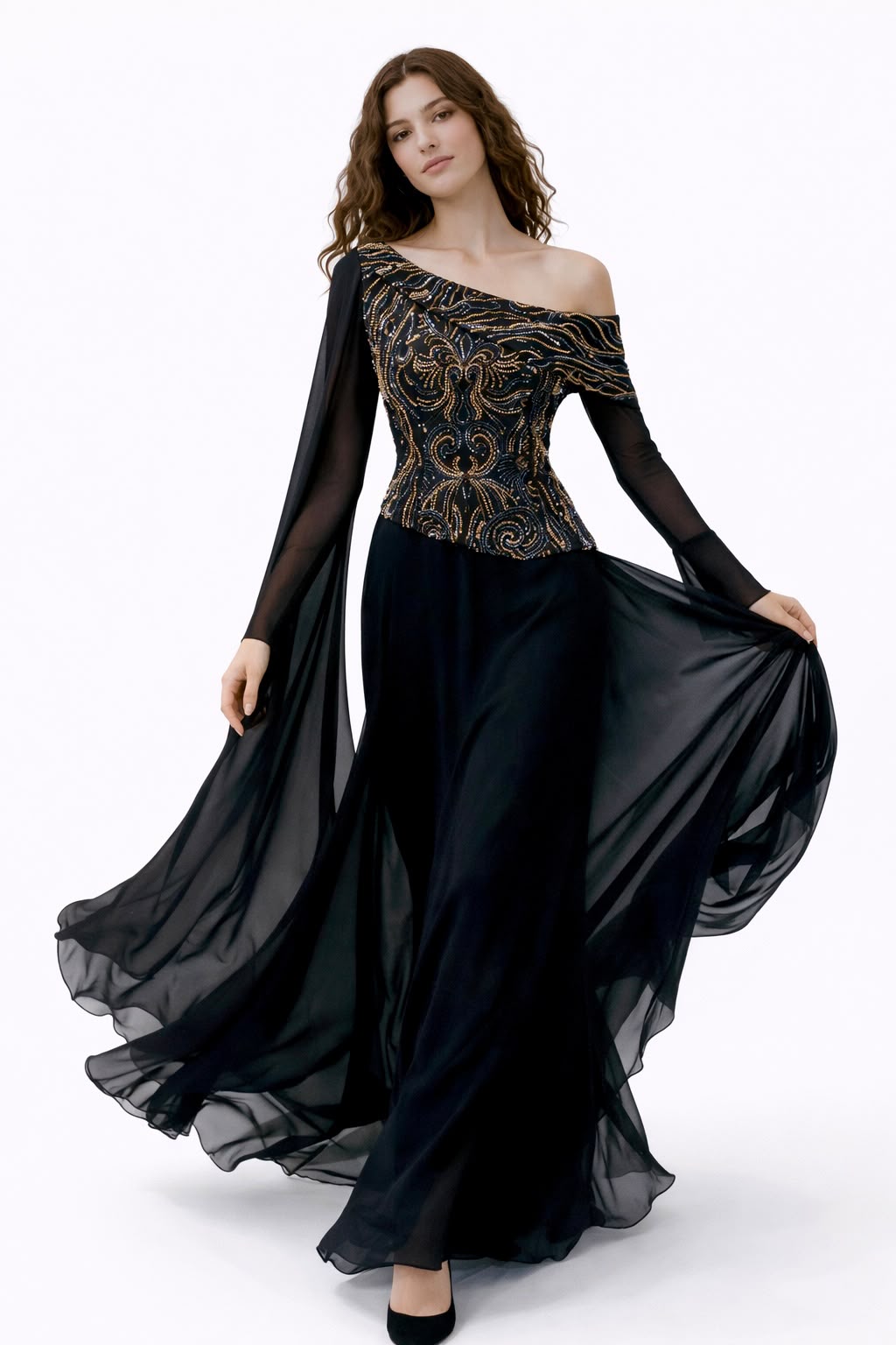 Black & Gold Beaded One-Shoulder Chiffon Gown