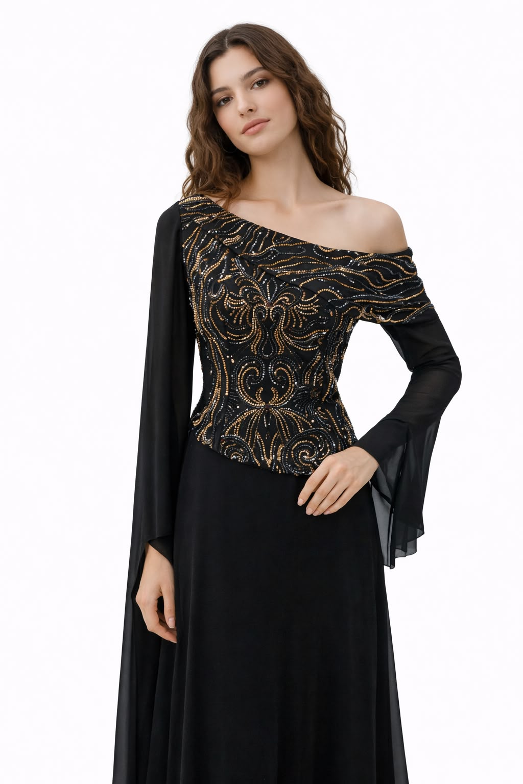 Black & Gold Beaded One-Shoulder Chiffon Gown
