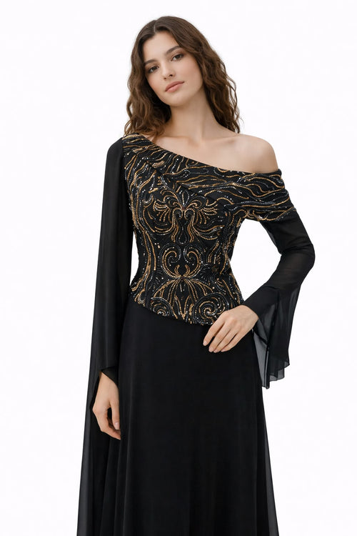 Black & Gold Beaded One-Shoulder Chiffon Gown
