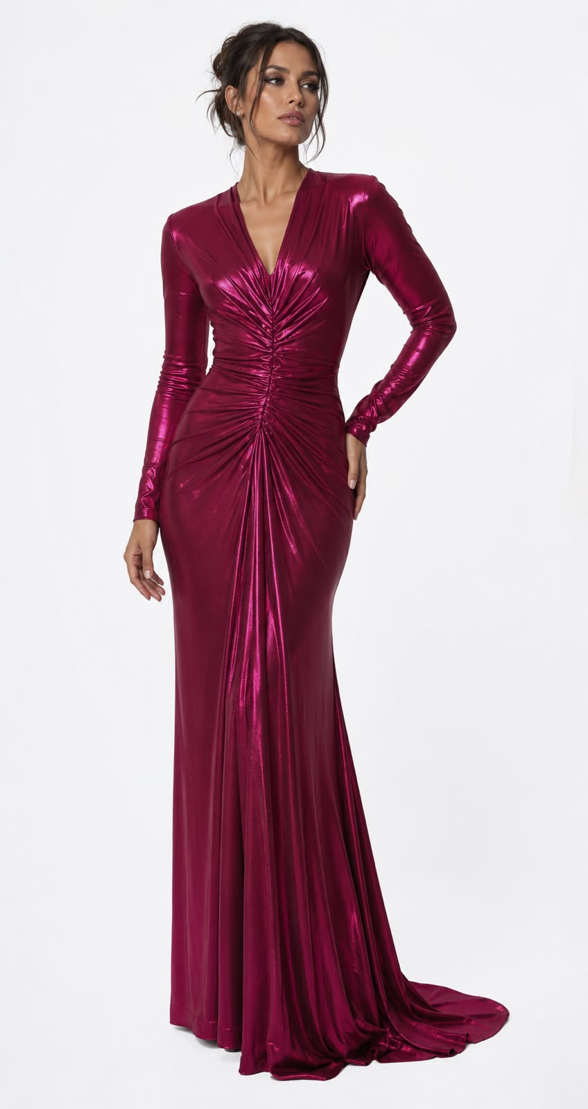 Metallic Ruched V-Neck Gown