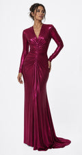 Metallic Ruched V-Neck Gown