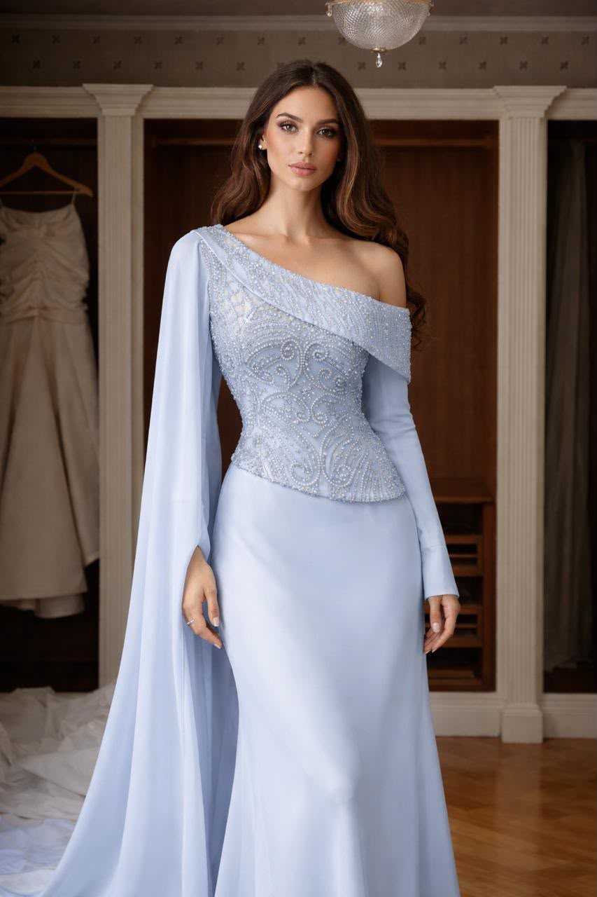 Pearl Cascade One-Shoulder Gown Chiffon