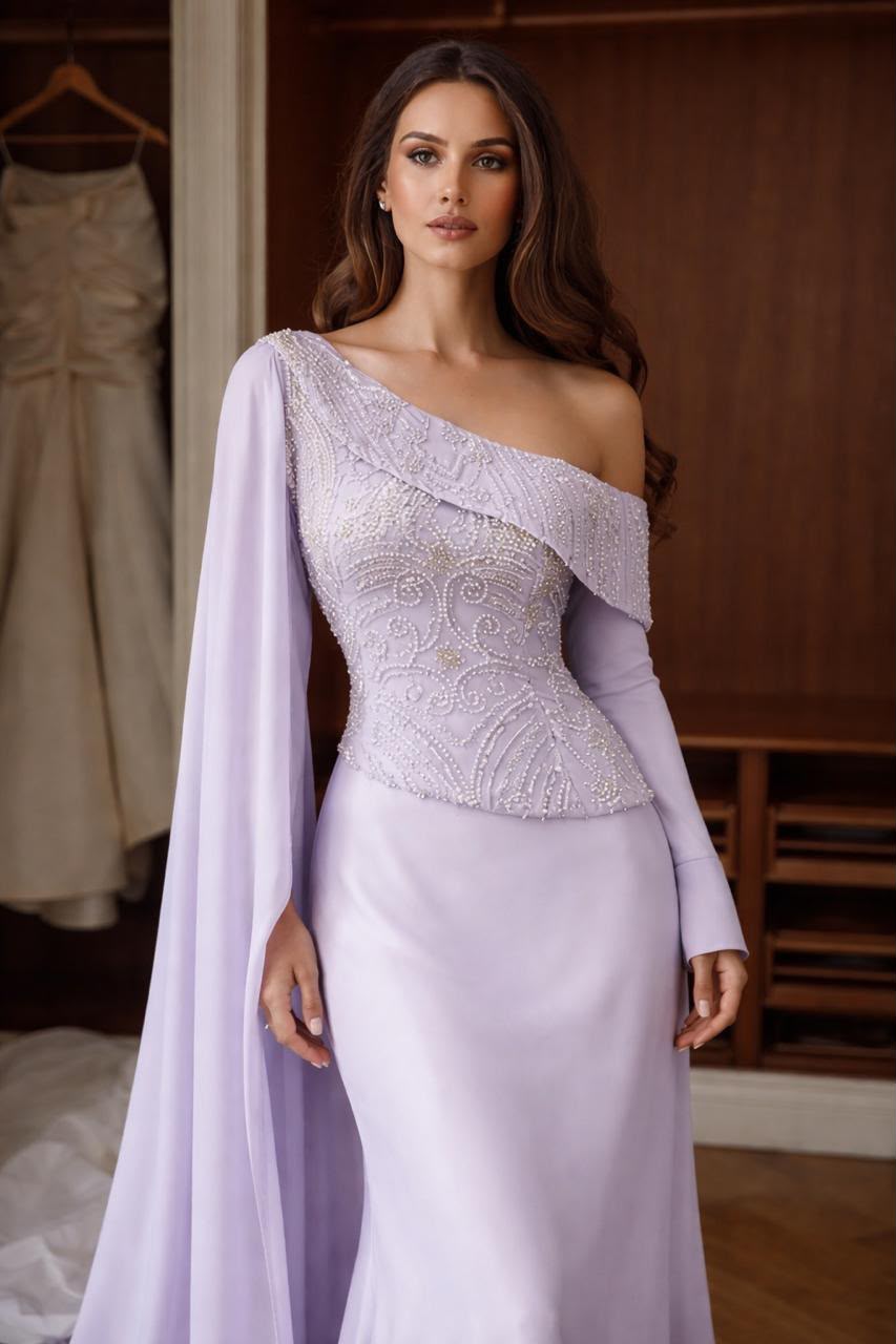 Pearl Cascade One-Shoulder Gown Chiffon