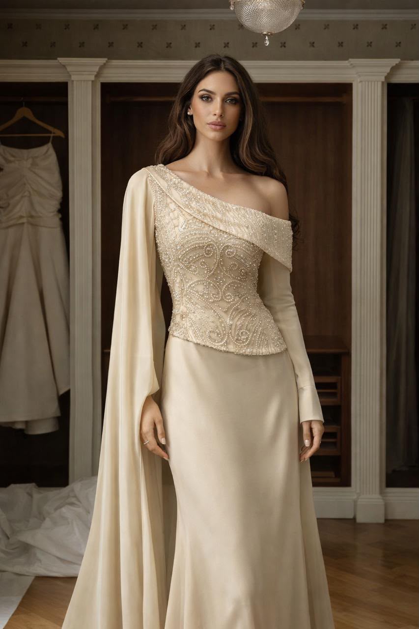 Pearl Cascade One-Shoulder Gown Chiffon